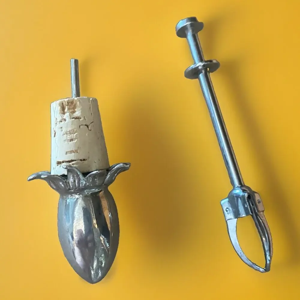 Vintage Rosebud Cork Stopper Liquor Bottle Dispenser plus Plunger Olive Grabber